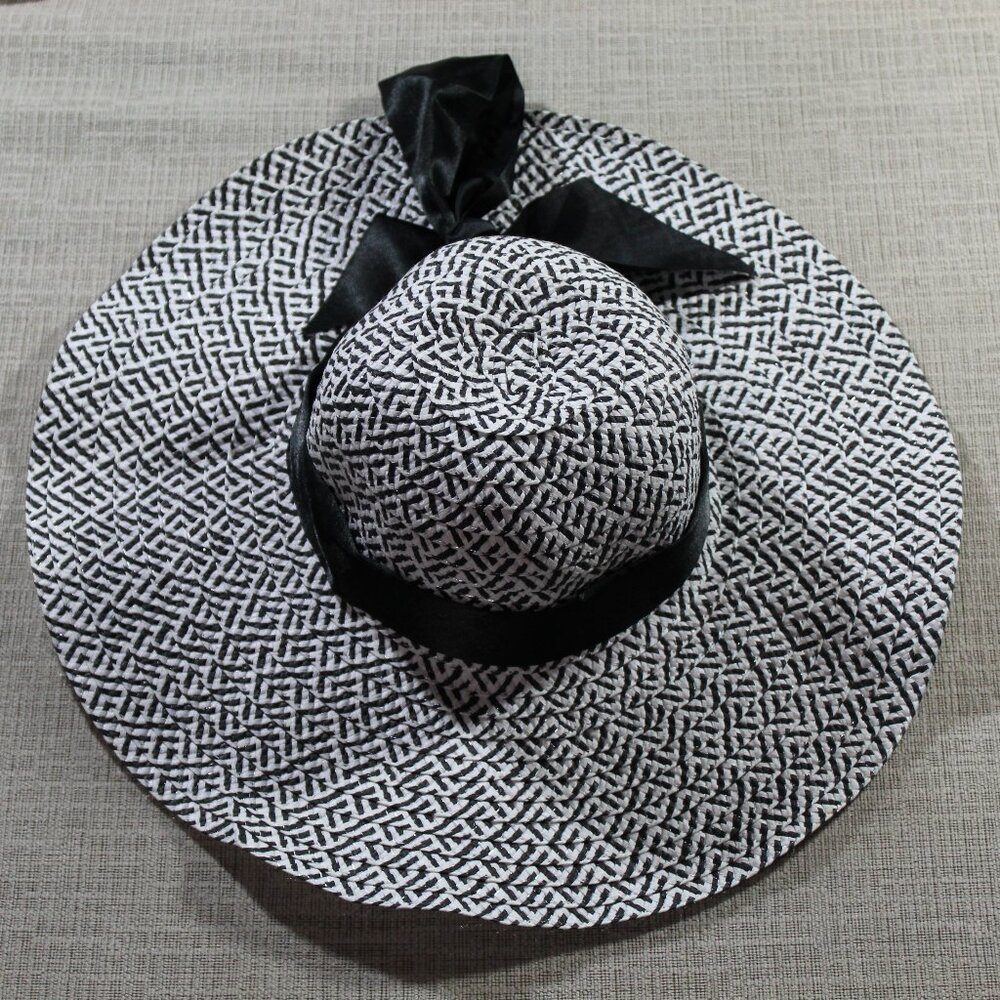 Black and White Sun Hat with Black Satin Bow